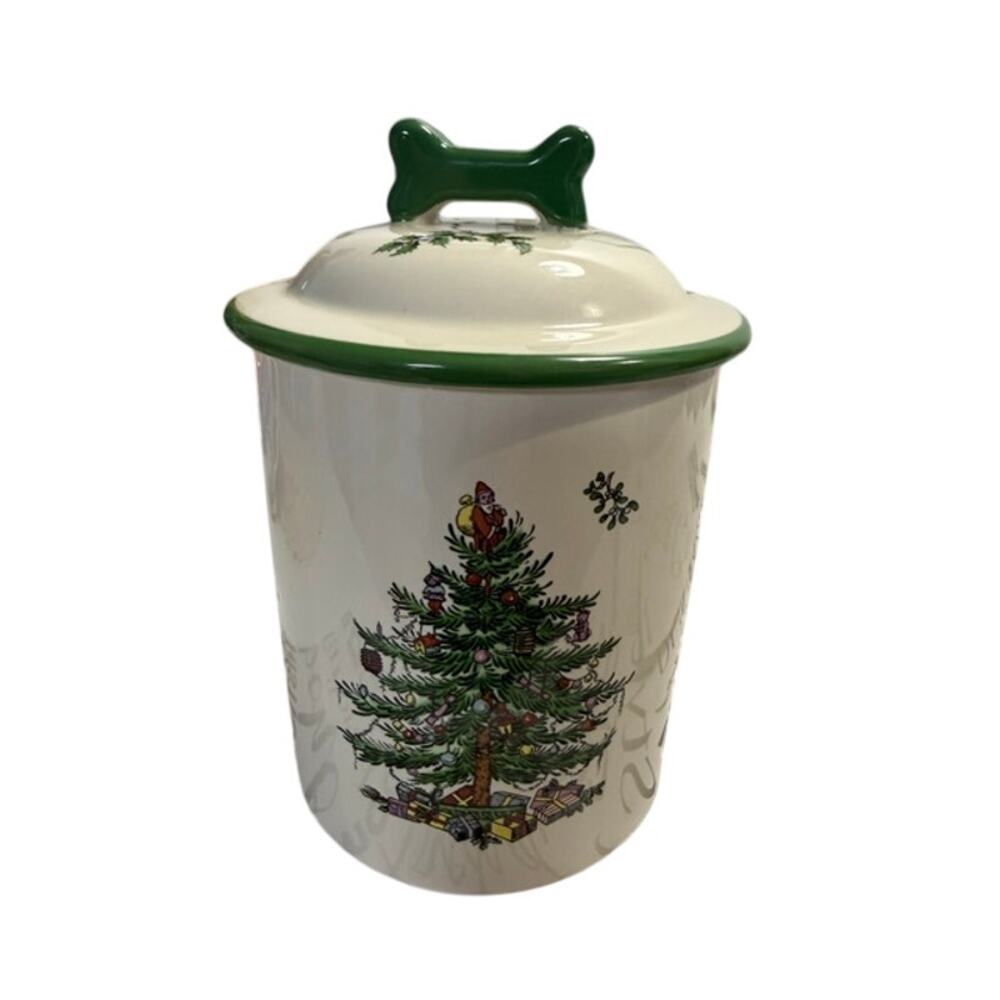 Spode Christmas Tree Treat Canister 7.5" Bone Dog